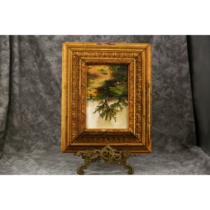 Antique 19th C. Oil Painting on Opaline Glass - Framed