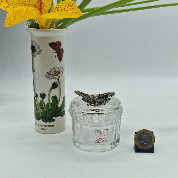 Kristall Schmuckdose Cristallo di Censo mit Schmetterling aus 925er Sterlingsilber, Italien, 1980er