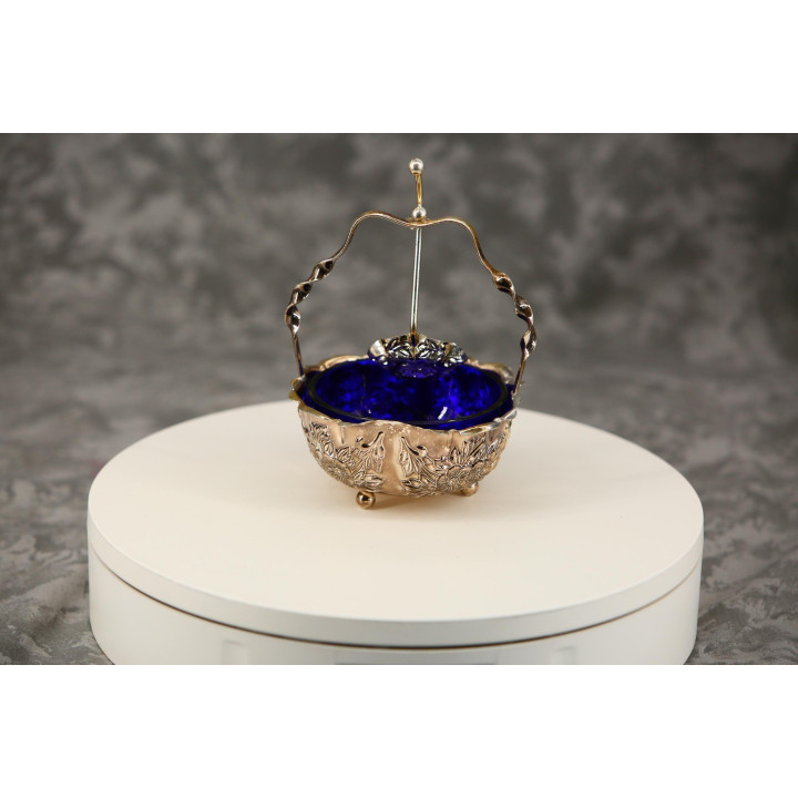 Vintage Sugar Bowl and Bonbonniere with Cobalt Blue Glass Liner, Silver Plated Embossed Basket with Ball Feet and Floral Spoon,…