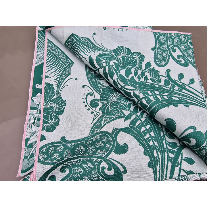 Tkanina Vintage Żakard Damask Zielono-Biała | Egzotyczny Kwiatowy Materiał Obiciowy Poduszki Dekor | Bawełna 160cm Niewykorzyst…