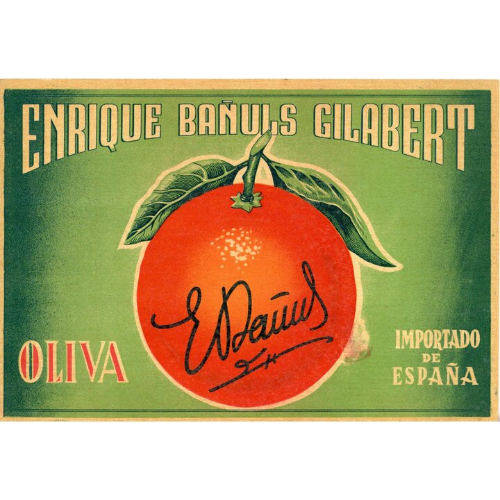 Etiqueta Antigua de Naranjas Enrique Bañuls Gilabert Oliva c. 1930s Cromolitografía Publicidad España 25x17 cm