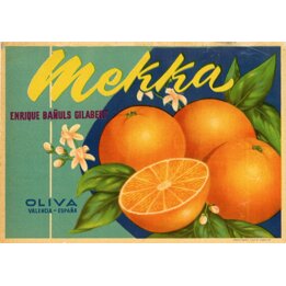 Vintage Spaanse Sinaasappel Advertentie Mekka Poster ca. 1950, Ortega Valencia Litho, Enrique Bañuls Gilabert, Fruit Muurkunst…