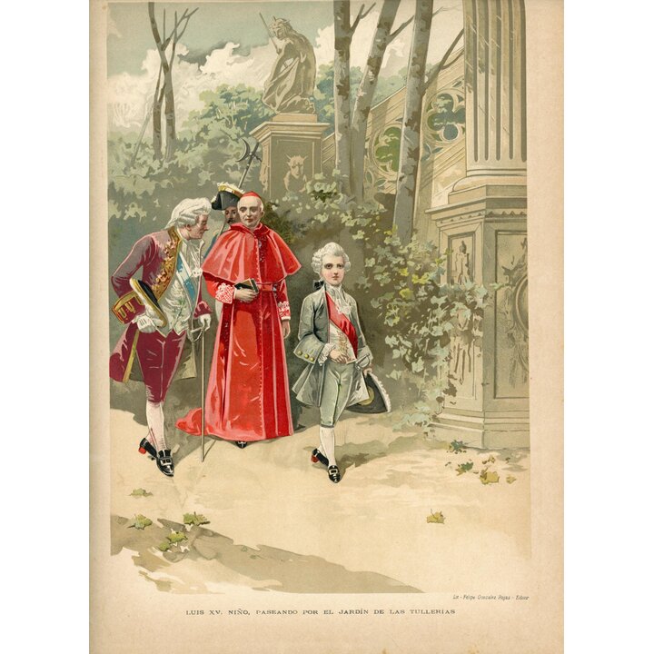 Antieke Chromolithografie 1890 Lodewijk XV als Kind Tuilerieen Felipe Gonzalez Rojas Madrid
