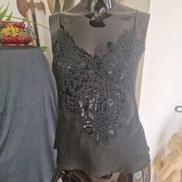 Vintage 80s silk top and camisole, natural black silk with lace, spaghetti straps, womens size S