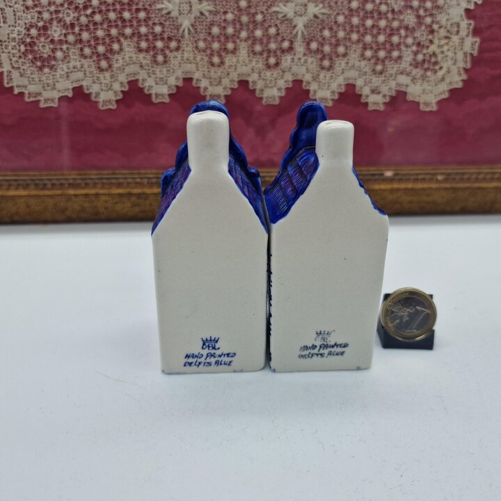 Set Salière et Poivrière Delfts Blauw, Paire de Maisons d Amsterdam en Céramique, Poinçon Couronne DBL, Années 1980 Vintage
