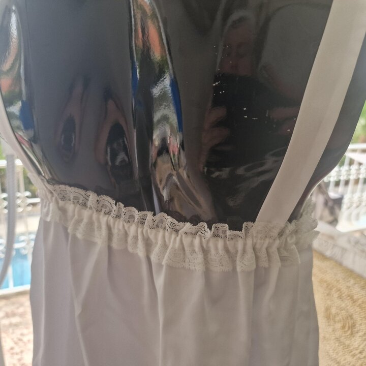 Camisola vintage e combinação de cetim, costura sob medida Madri anos 70, branca com renda de Alençon, Tamanho S-M
