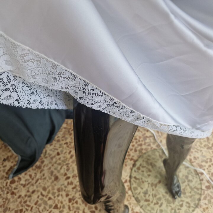 Camisón vintage y combinación de satén, confección a medida Madrid años 70, blanco con encaje de Alenzón, Talla S-M