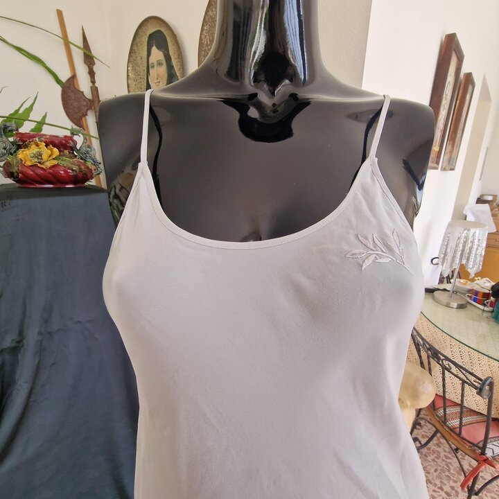 Natural silk slip dress, vintage 90s pearl grey camisole with delicate floral embroidery, size S