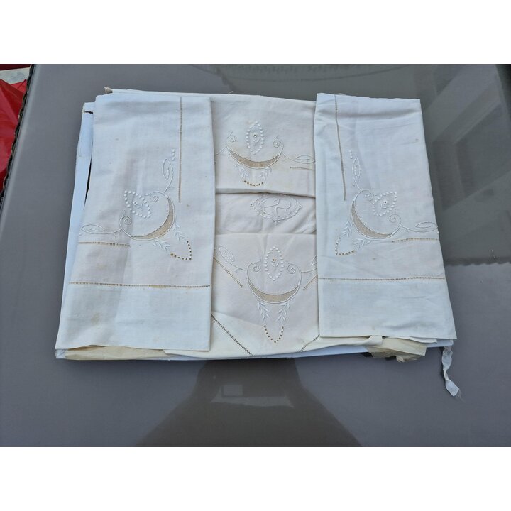 Antique French Bed Linen Set, Hand Embroidered Richelieu Cotton Sheet, Monogram PR,Art Nouveau White Bedding, Vintage Trouseau…
