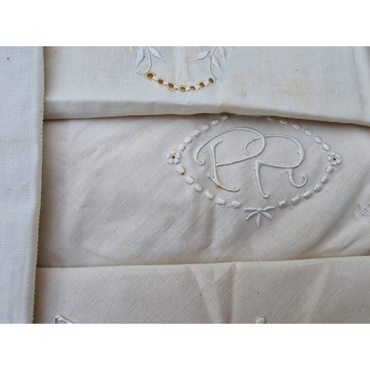 Antique French Bed Linen Set, Hand Embroidered Richelieu Cotton Sheet, Monogram PR,Art Nouveau White Bedding, Vintage Trouseau…