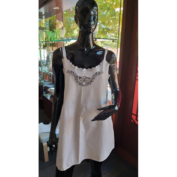 Camicia da notte vintage in cotone, sottoveste bianca anni 50 con inserti in pizzo, petto 98 cm, lunghezza 80 cm