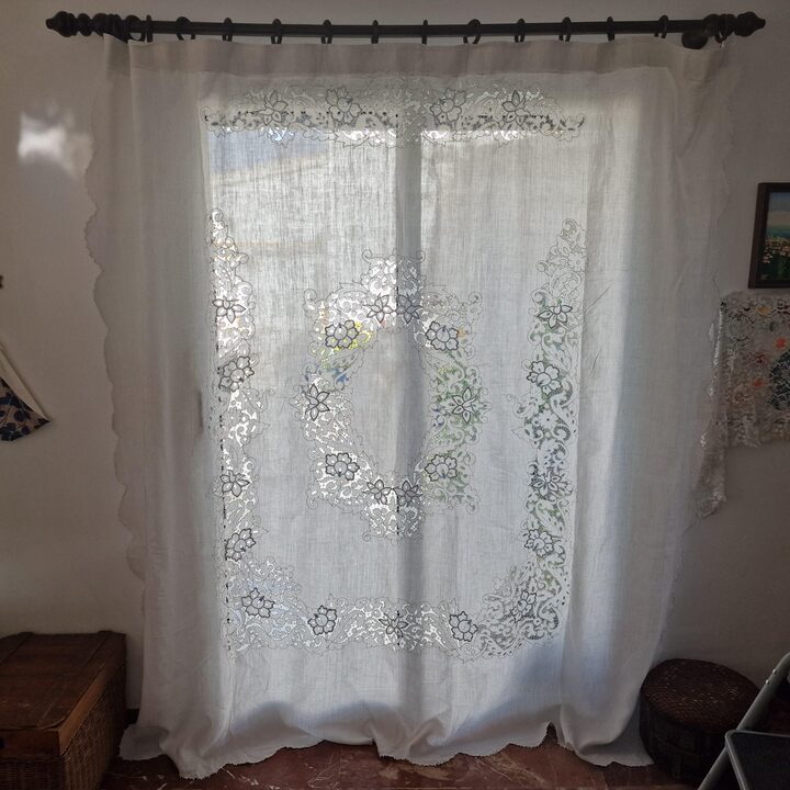 Antiker Leinen Vorhang Vorhangpaneel Fensterbild, 19 Jahrhundert Handarbeit Richelieu Spitze, viktorianische Stickerei Wohnzimm…