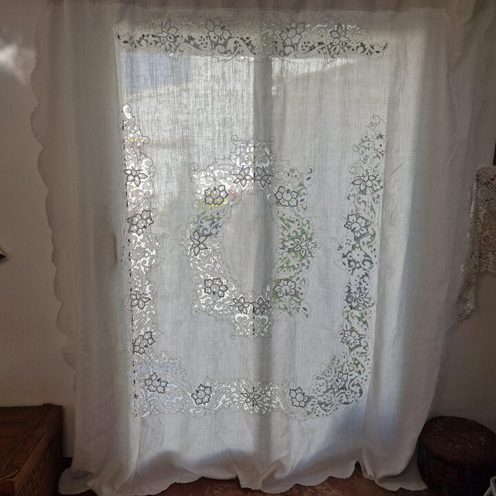 Antiker Leinen Vorhang Vorhangpaneel Fensterbild, 19 Jahrhundert Handarbeit Richelieu Spitze, viktorianische Stickerei Wohnzimm…