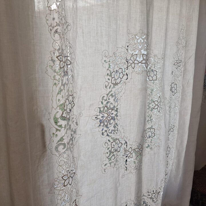 Rideau de lin ancien draperie panneau de fenêtre, XIXe siècle fait main dentelle Richelieu, broderie victorienne pour salon cha…
