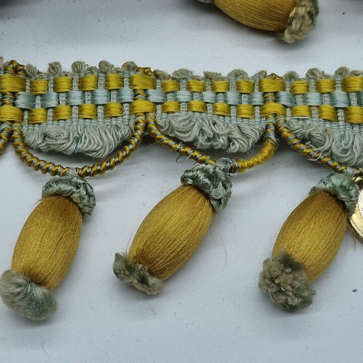 Antique 1920s Tassel Fringe – Golden Ochre & Sage Blue Passementerie, French Chateau Style Trim, Sold by the Meter, 7 Meters Av…