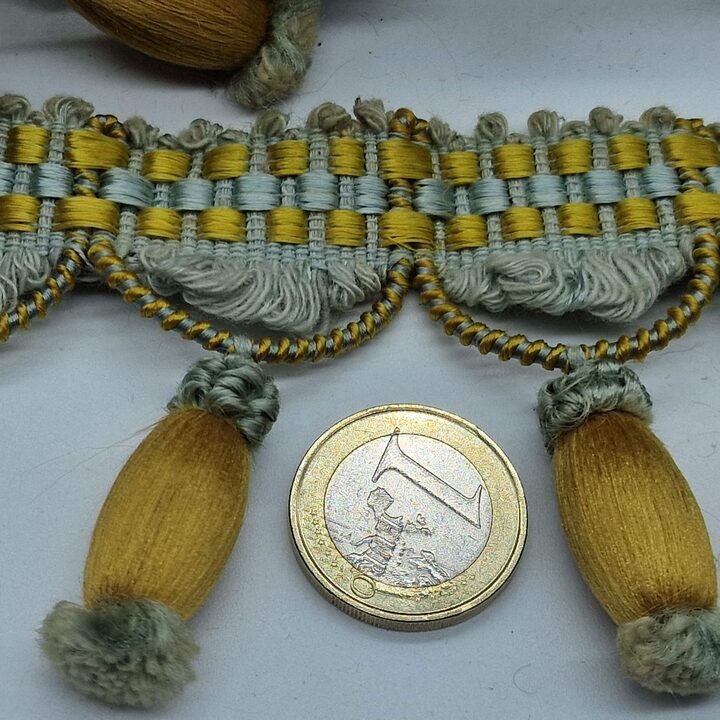 Antique 1920s Tassel Fringe – Golden Ochre & Sage Blue Passementerie, French Chateau Style Trim, Sold by the Meter, 7 Meters Av…