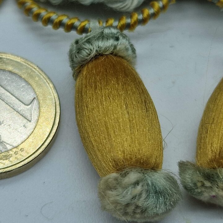 Antique 1920s Tassel Fringe – Golden Ochre & Sage Blue Passementerie, French Chateau Style Trim, Sold by the Meter, 7 Meters Av…
