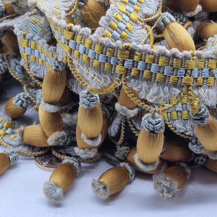 Antique 1920s Tassel Fringe – Golden Ochre & Sage Blue Passementerie, French Chateau Style Trim, Sold by the Meter, 7 Meters Av…