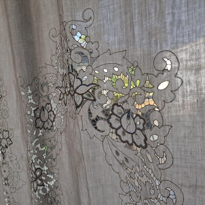 Antiker Leinen Vorhang Vorhangpaneel Fensterbild, 19 Jahrhundert Handarbeit Richelieu Spitze, viktorianische Stickerei Wohnzimm…