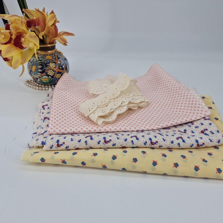 Vintage Cotton Fabric Bundle from 1990s Doll Factory, Chicken Print Cotton Fabric Set with Lace Trim for Sewing, Quilting & Dol…