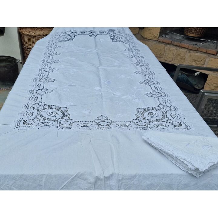 Antiek Linnen Banquet Set Tafelkleed 350cm & 24 Servetten MCS Monogram