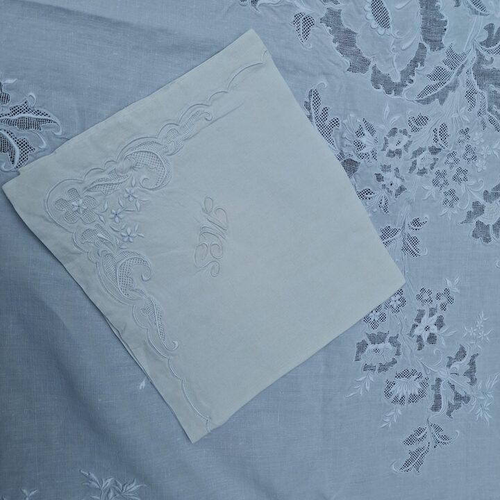 Juego de Mantel de Lino Antiguo con 18 Servilletas Bordado a Mano Siglo XX