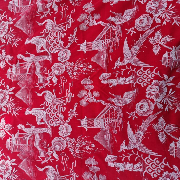 Spanish Chinoiserie Jacquard Fabric 1910s - Red & White Antique Textile 140cm Width