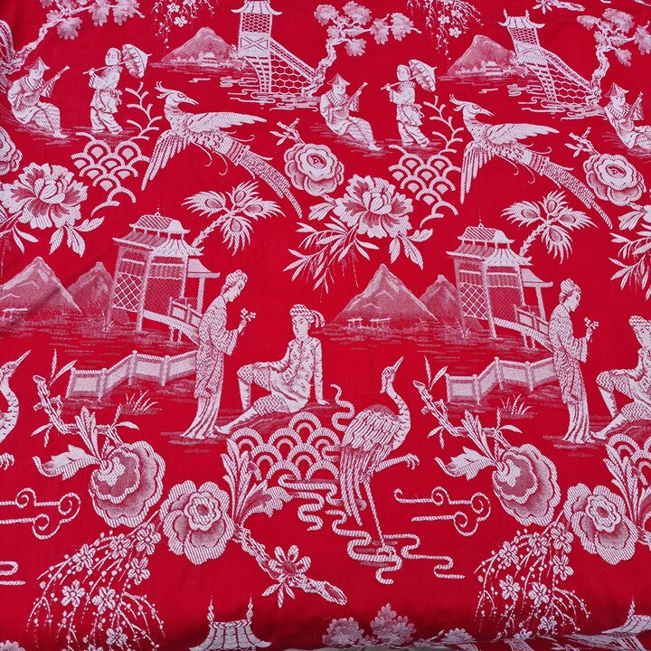 Spanish Chinoiserie Jacquard Fabric 1910s - Red & White Antique Textile 140cm Width