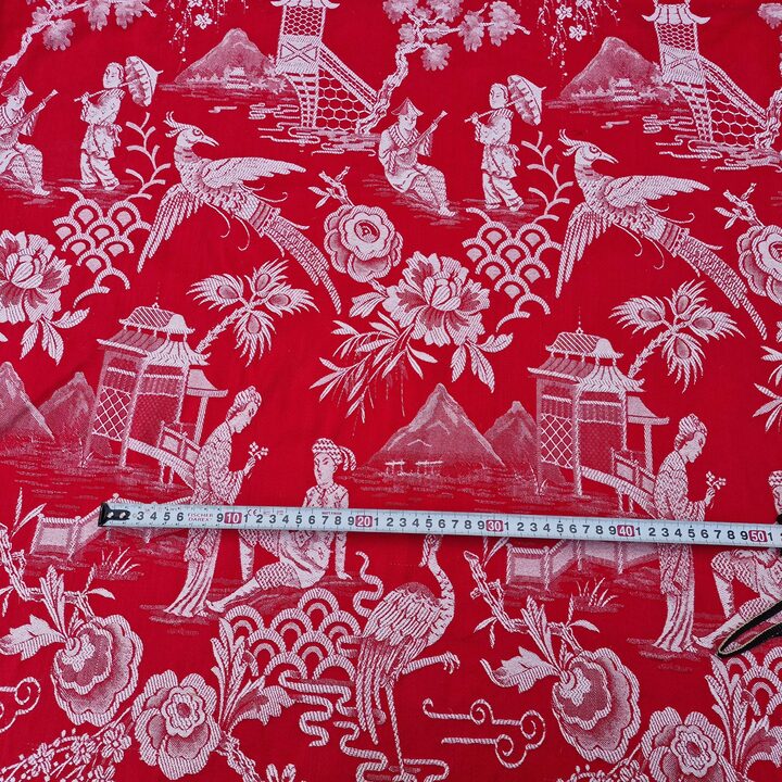 Spanish Chinoiserie Jacquard Fabric 1910s - Red & White Antique Textile 140cm Width
