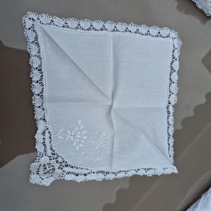 Antyczny Lniany Zestaw Bankietowy Obrus 350cm i 24 Serwetki Monogram MCS