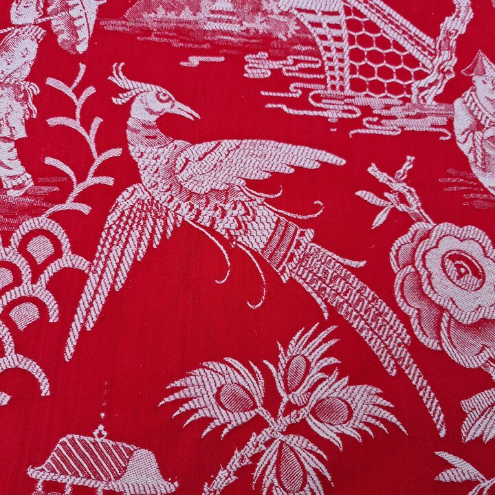 Spanish Chinoiserie Jacquard Fabric 1910s - Red & White Antique Textile 140cm Width
