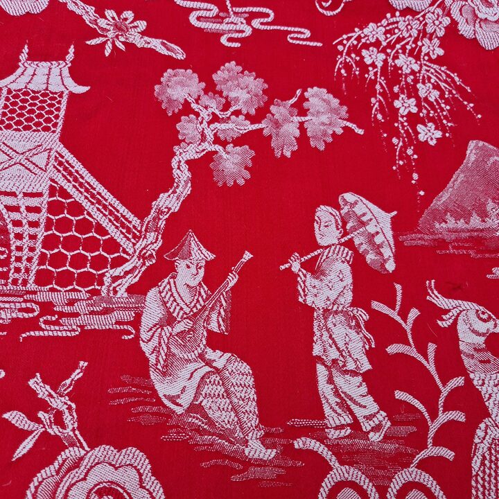 Spanish Chinoiserie Jacquard Fabric 1910s - Red & White Antique Textile 140cm Width