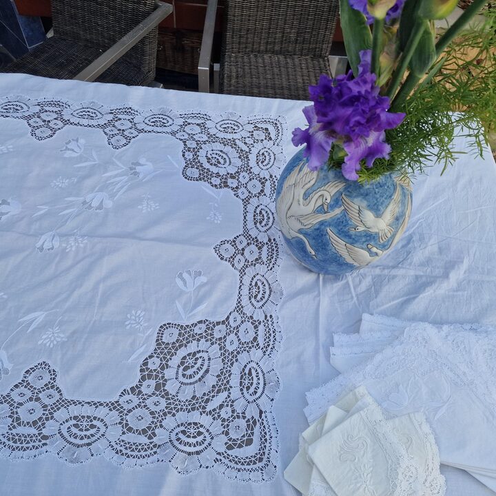 Antiek Linnen Banquet Set Tafelkleed 350cm & 24 Servetten MCS Monogram