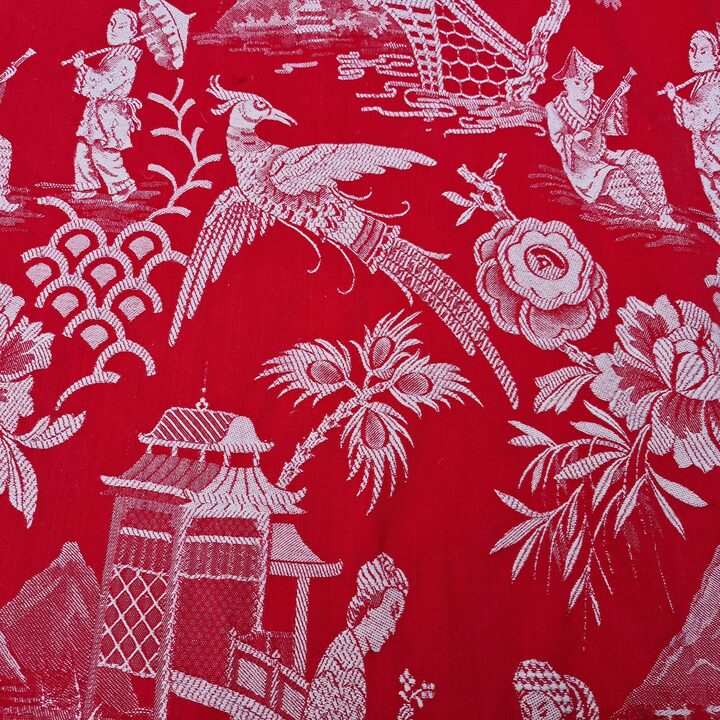 Spanish Chinoiserie Jacquard Fabric 1910s - Red & White Antique Textile 140cm Width