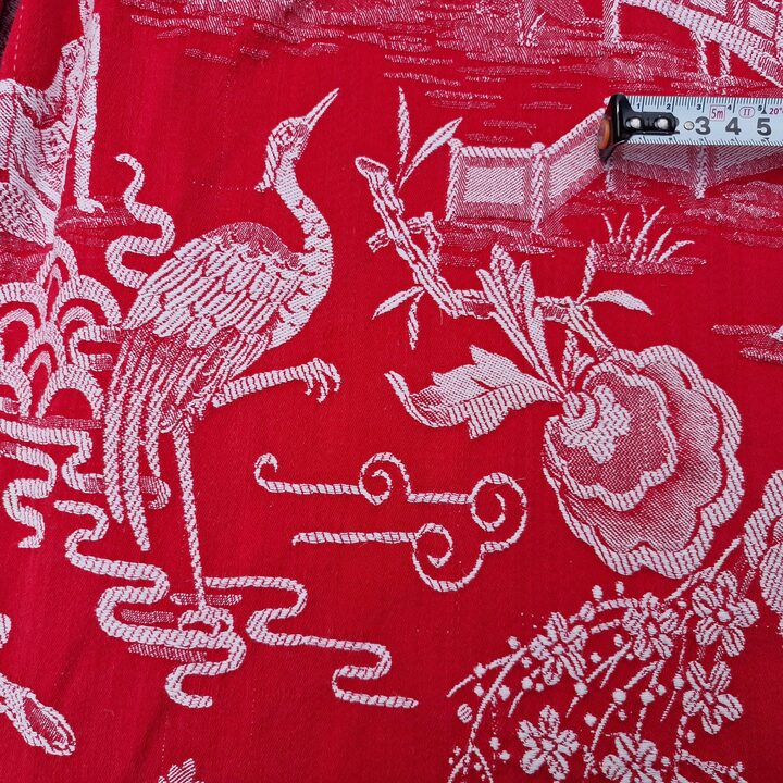 Spanish Chinoiserie Jacquard Fabric 1910s - Red & White Antique Textile 140cm Width