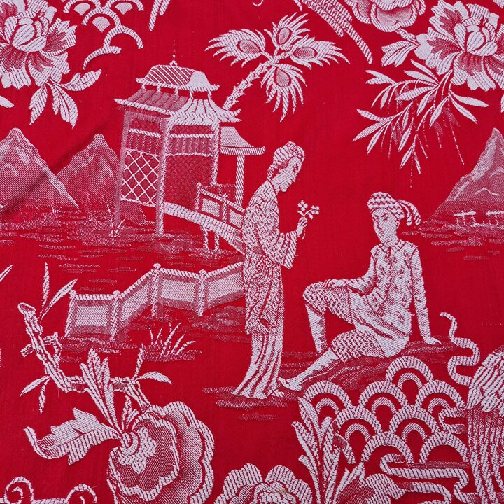 Spanish Chinoiserie Jacquard Fabric 1910s - Red & White Antique Textile 140cm Width
