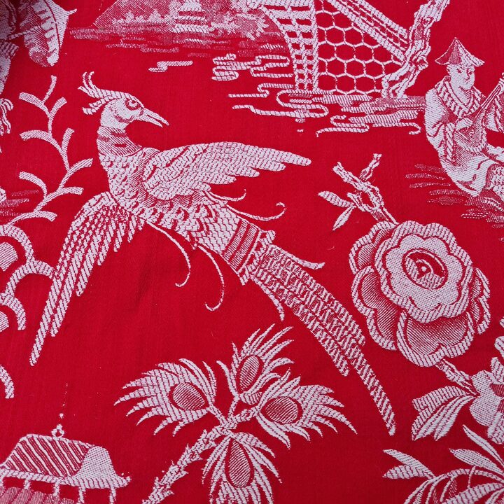 Spanish Chinoiserie Jacquard Fabric 1910s - Red & White Antique Textile 140cm Width