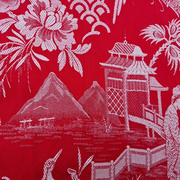 Spanish Chinoiserie Jacquard Fabric 1910s - Red & White Antique Textile 140cm Width