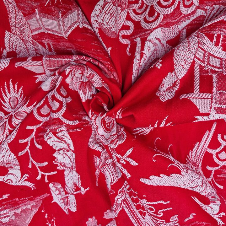 Spanish Chinoiserie Jacquard Fabric 1910s - Red & White Antique Textile 140cm Width