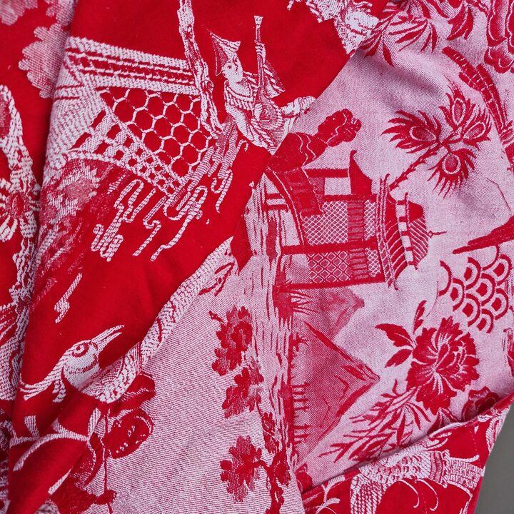 Spanish Chinoiserie Jacquard Fabric 1910s - Red & White Antique Textile 140cm Width