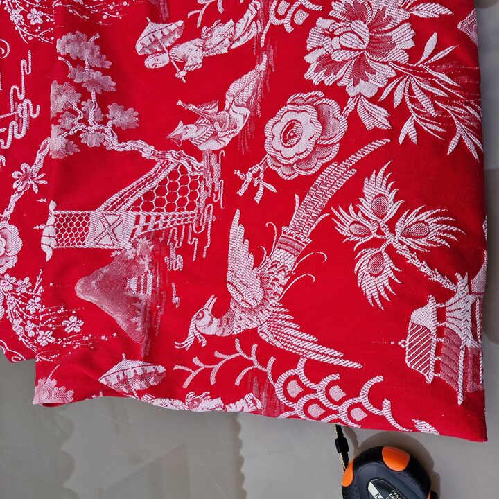 Spanish Chinoiserie Jacquard Fabric 1910s - Red & White Antique Textile 140cm Width