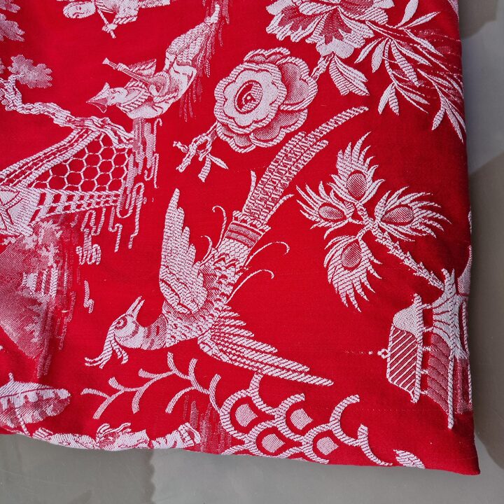 Spanish Chinoiserie Jacquard Fabric 1910s - Red & White Antique Textile 140cm Width