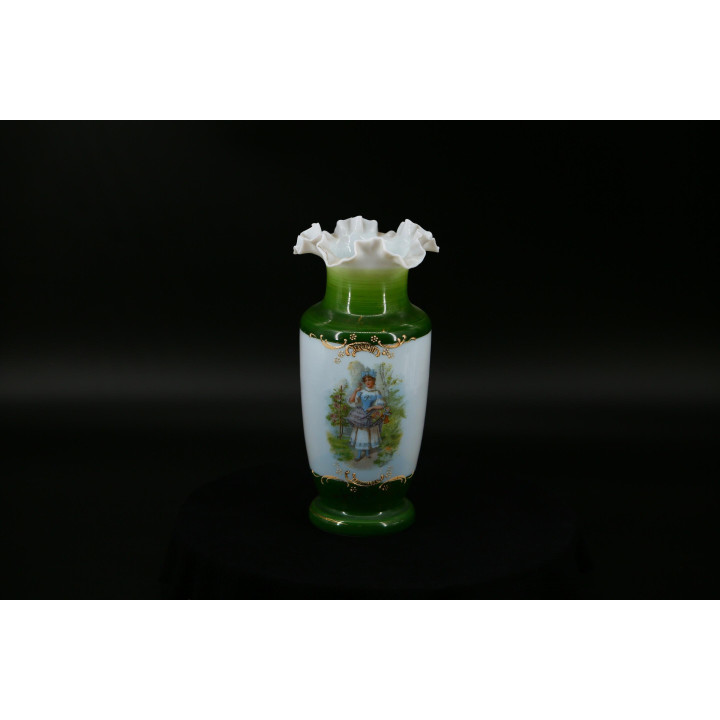 Antieke Groene Opaline Glazen Vaas Bristol Stijl 1930