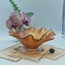 Carnival Glas Schaal en Fruitschaal, Imperial Glass Company, Lustre Rose Patroon Marigold, Diameter 21 cm, Jaren 1910