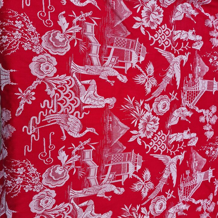 Spanish Chinoiserie Jacquard Fabric 1910s - Red & White Antique Textile 140cm Width