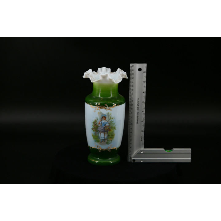 Antique 1930s Green Opaline Milk Glass Vase Bristol Style