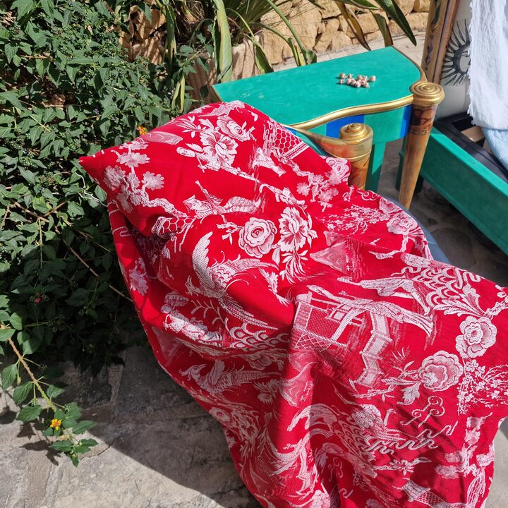 Spanish Chinoiserie Jacquard Fabric 1910s - Red & White Antique Textile 140cm Width