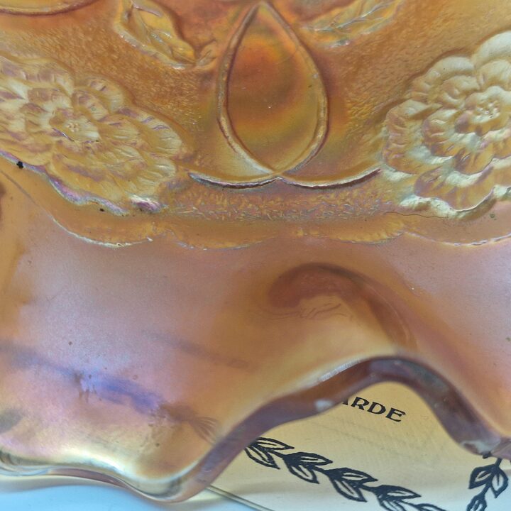 Misa ze Szkla Karnawalowego i Owocarka, Imperial Glass Company, Wzor Lustre Rose Marigold, Srednica 21 cm, Lata 1910
