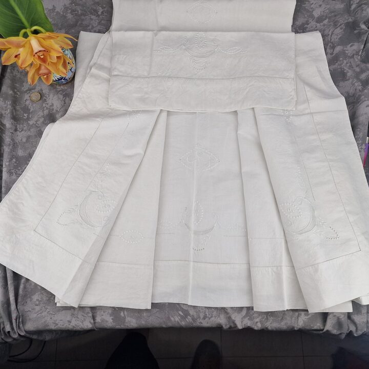 1950s Hand-Embroidered Linen Bed Set with PR Monogram - 2 Pieces