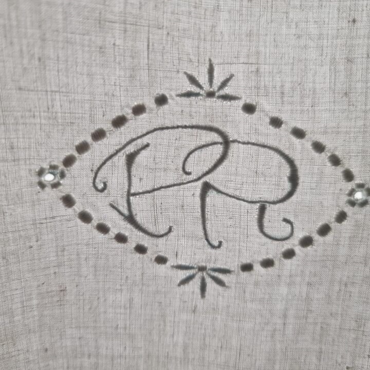 1950s Hand-Embroidered Linen Bed Set with PR Monogram - 2 Pieces